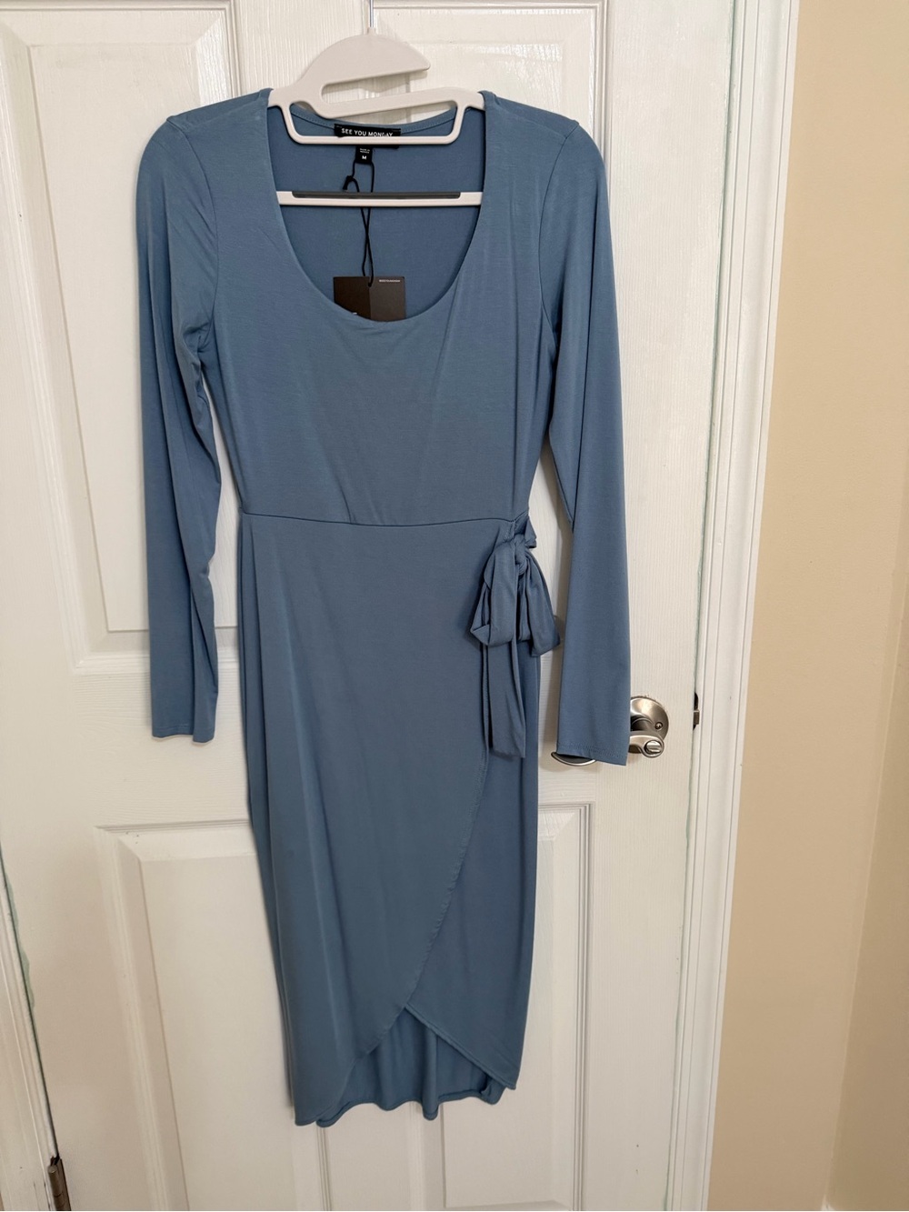 See You Monday Dusty Blue Wrap-Style Long Sleeve Dress
